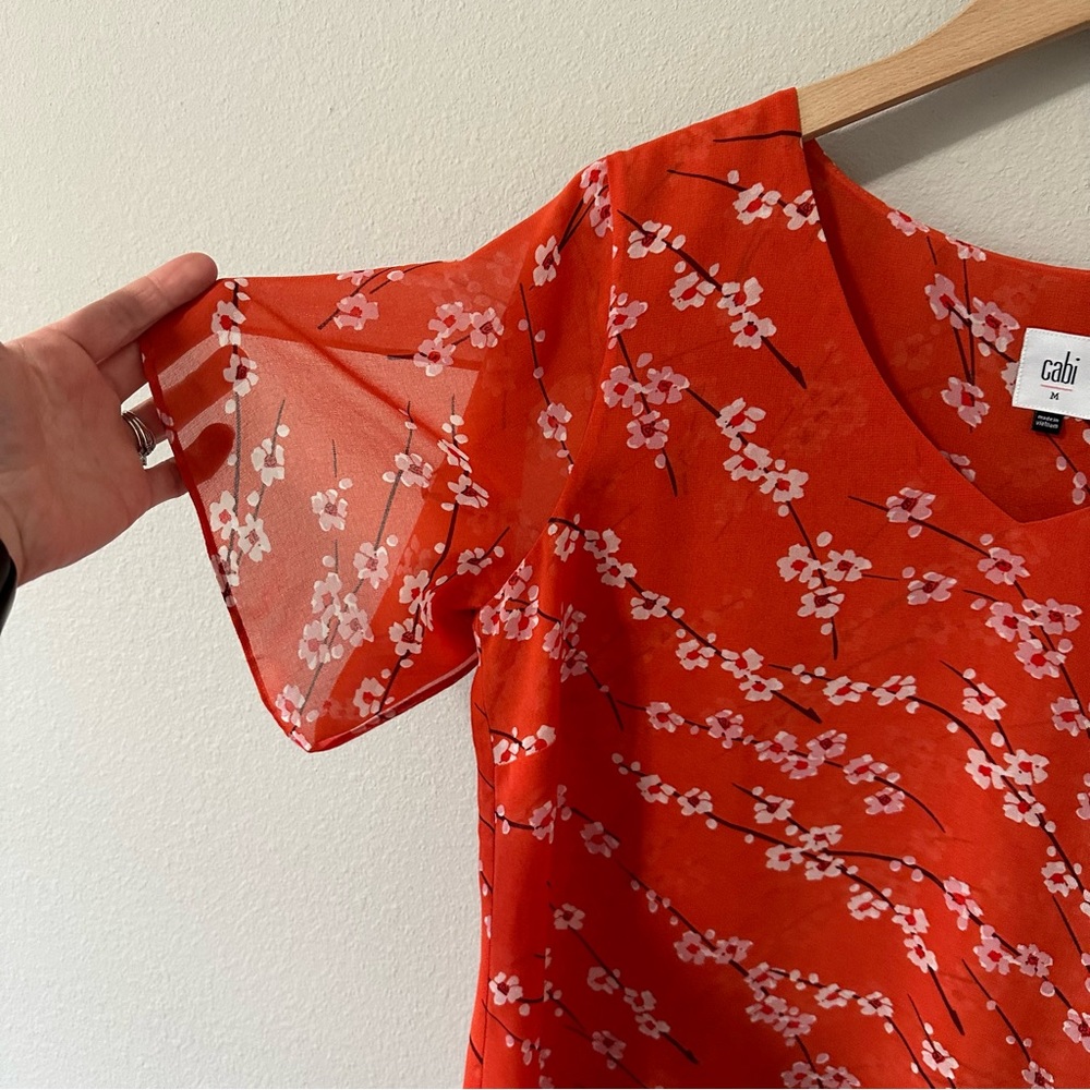 Cabi Orange & White Floral V Neck Lightweight Flowy Short Sleeve Blouse Medium - Picture 9 of 14